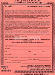 Three Year Extended Digital Camera Warranty Certificate up to $150**1154